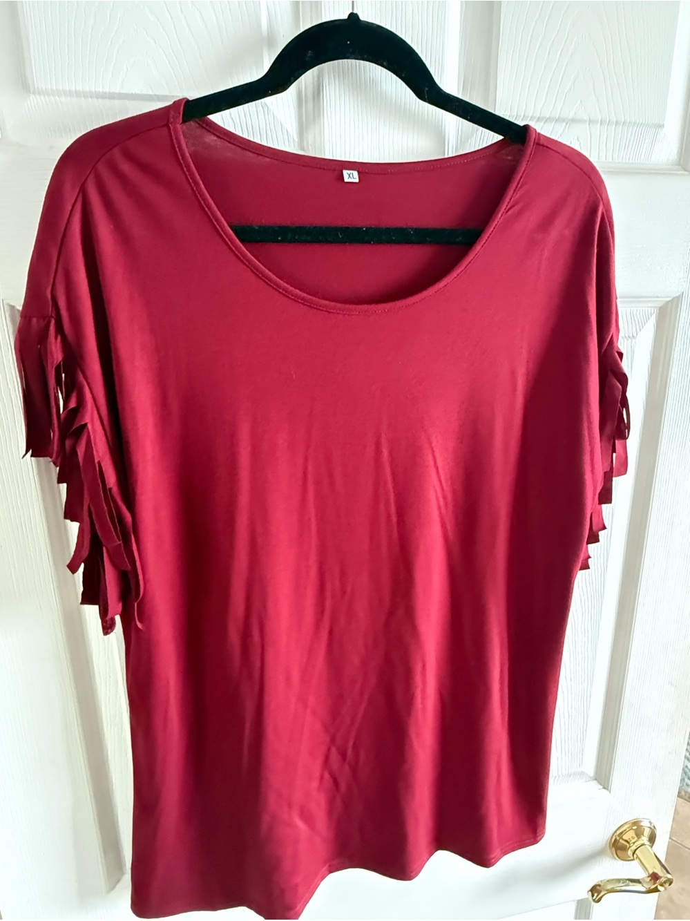 Amazon Women's Burgundy Scoop Neck Top with Fringe Sleeves